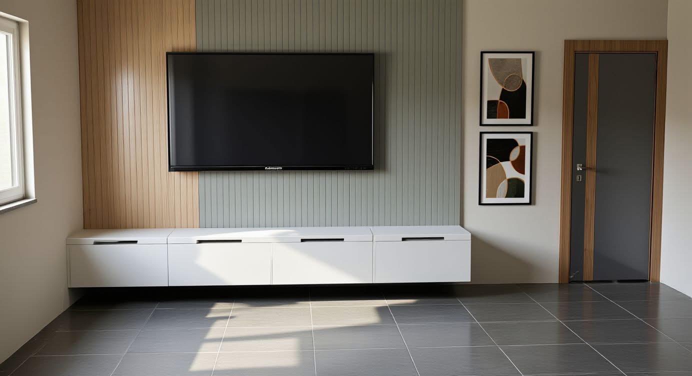 Ahşap ve Gri Panelli Modern TV Ünitesi Tasarımı: Şık ve Minimalist Salon Çözümleri